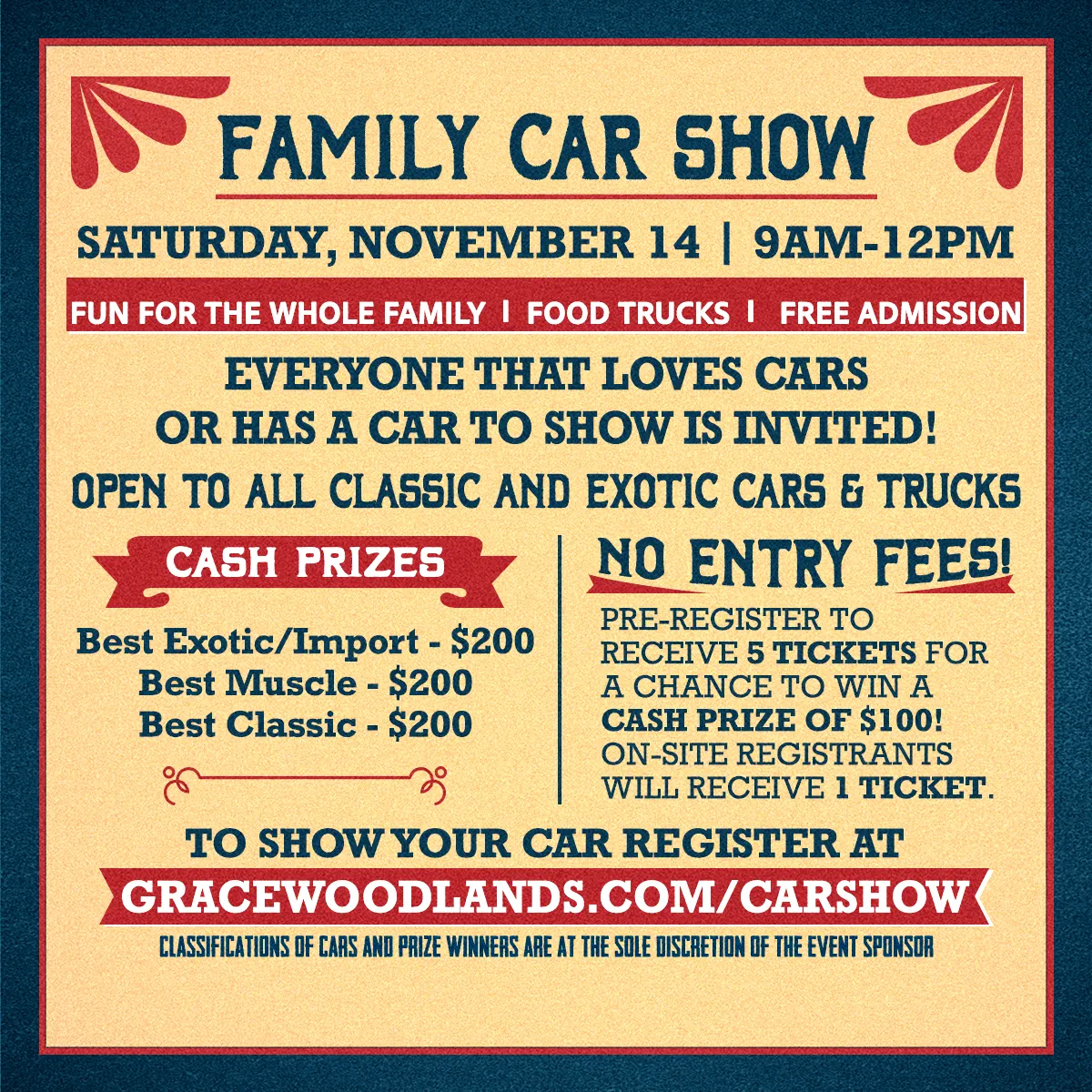 November Family Car Show at Grace Woodlands