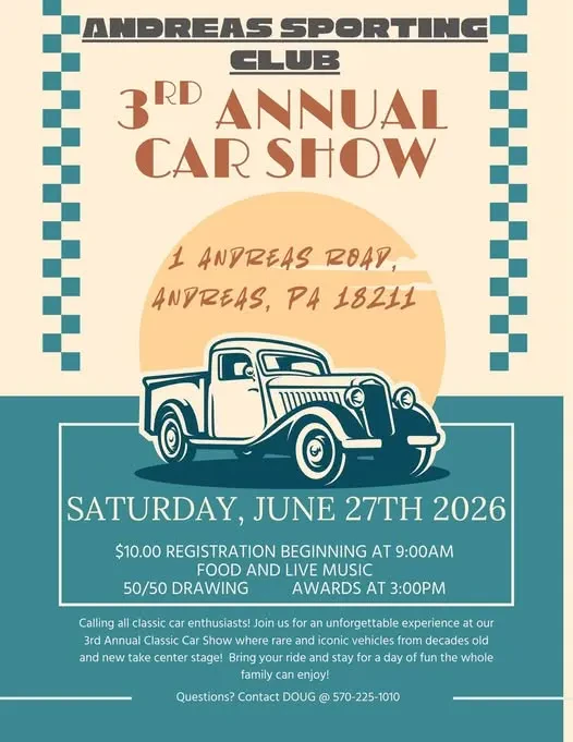Annual Andreas Sporting Club Car Show - Registration is day of show ON SITE ONLY